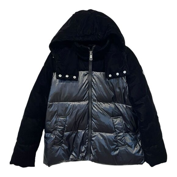 NWOT Calvin Klein | Black Shiny Suede Hood Plush Warm Full Zip Jacket Coat L - Picture 1 of 7
